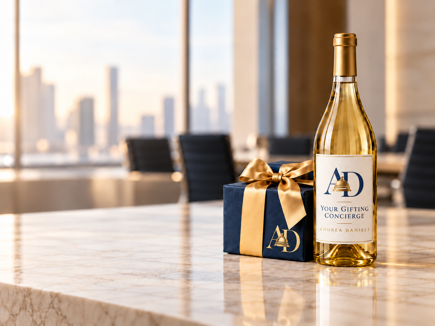 Custom-labeled white wine bottle and navy Andrea Daniels gift box with gold ribbon in a polished corporate setting