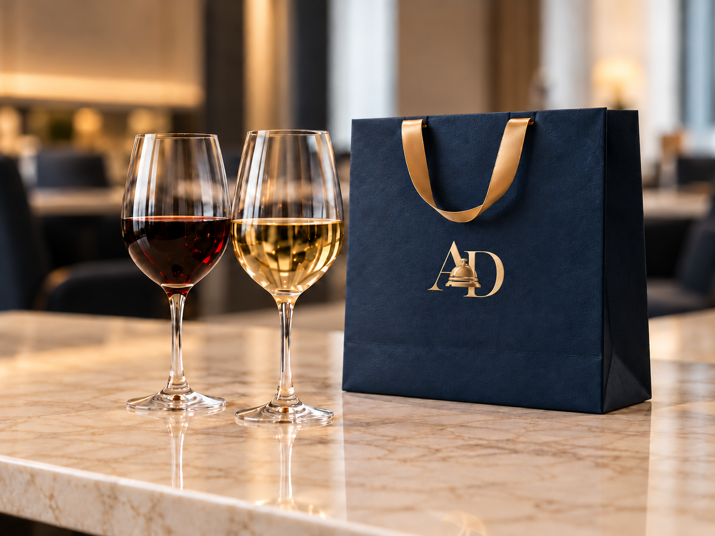 Red and white wine glasses beside a navy Andrea Daniels gift bag with the gold concierge bell logo